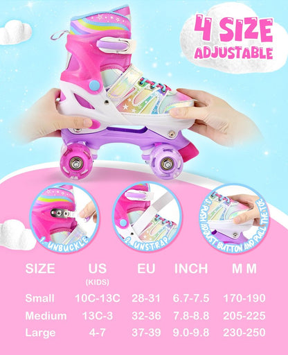 SULIFEEL Rainbow Tie-Dye Adjustable Roller Skates for Girls Kids Ages 3-5 5-8 6-12 Pink Purple Light Up Skate with Fluffy Pom Poms Triple Protection for Indoor Outdoor Skating