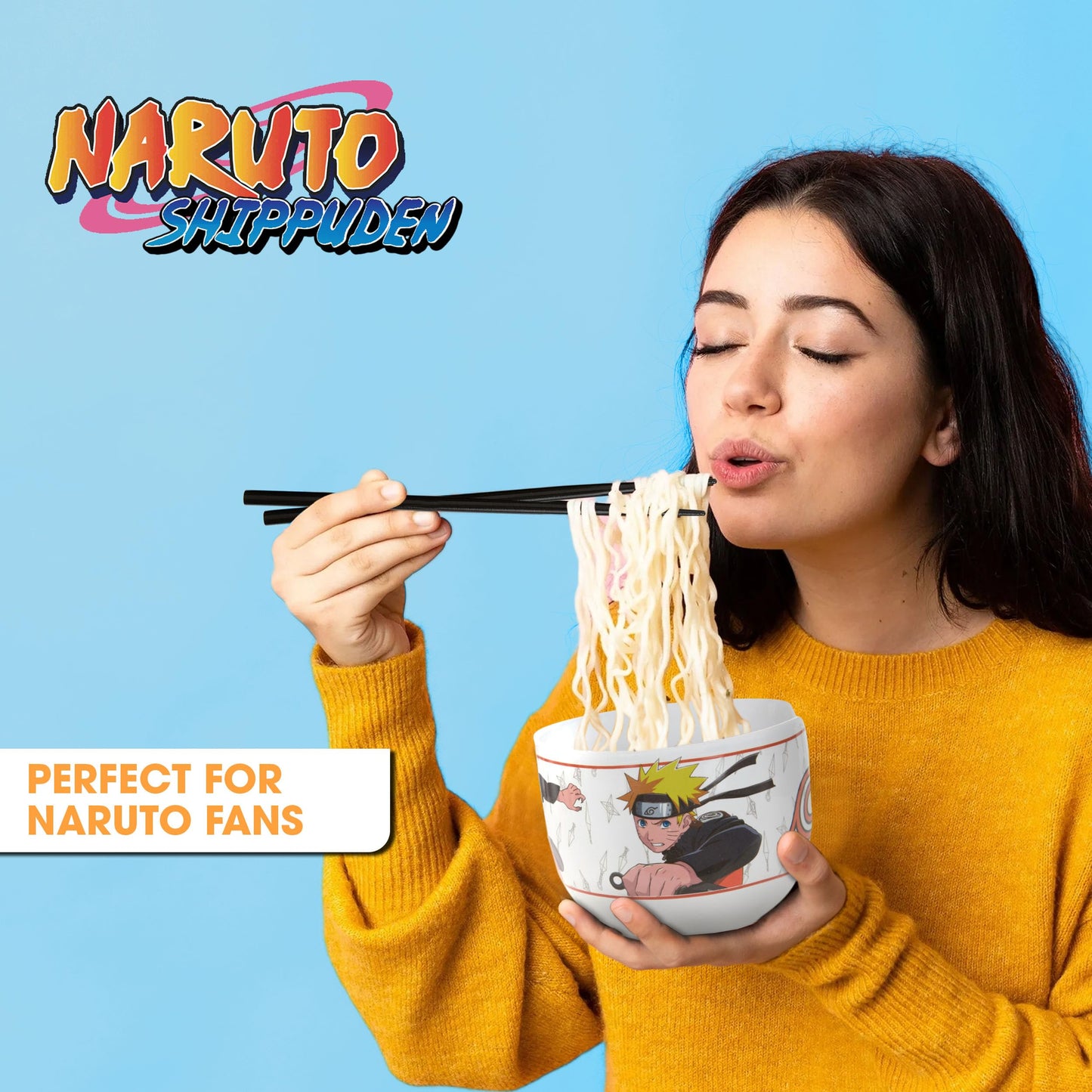 Culture Fly Naruto Ramen Bowl Set with Chopsticks and Spoon, 20 oz Ceramic Microwave Instant Noodle Bowls with Chopsticks, Ramen Noodle Bowl, Rice Bowl Anime Gifts for Men