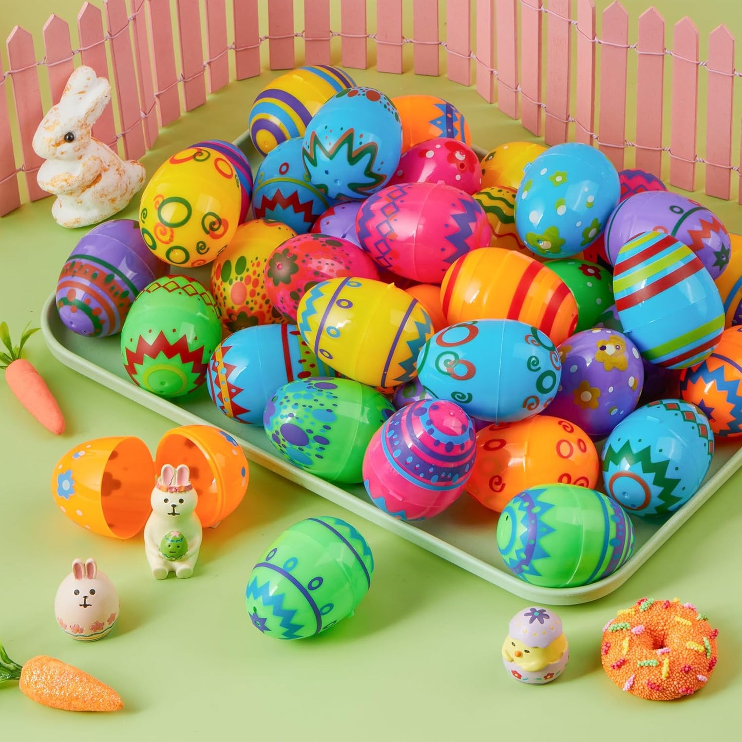 24PCS 2.3" JOYIN Printed Empty Colorful Plastic Eggs Fillable, Bright Plastic Eggs Bulks for Festival Hunt, Filling
