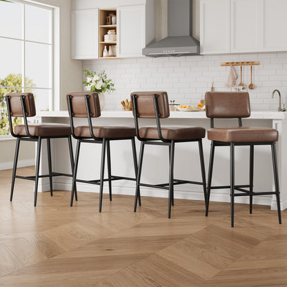 GarveeHome Bar Stools Set of 4, 26" Brown Faux Leather Counter Height Bar Stools with Backs, Modern Upholstered Barstool Chairs with Metal Legs for Kitchen Island, Home Bar, Dining Room