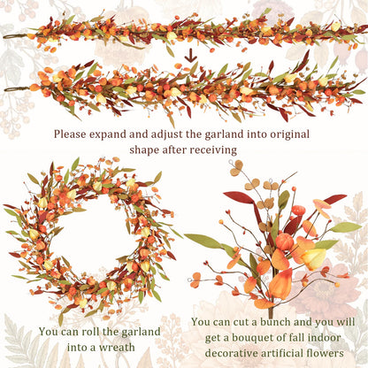 Fall Decor, Fall Garland, 6FT Autumn Eucalyptus Leaves Pumpkin Harvest Festival Thanksgiving Christmas Hanging Garlands for Home Wedding Mantle Indoor Window Wall Arch Background Decoration