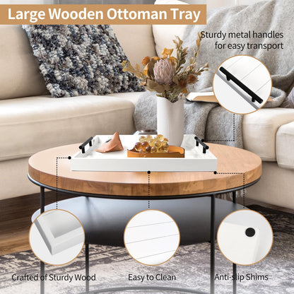 SXNOWS Coffee Table Tray - Large Ottoman Tray for Living Room - Wood Serving Tray with 2 Sets of Handles - Wooden Tray for Coffee Table, 4 Round Coasters Included, White