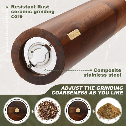 LOYIM Wooden Salt and Pepper Grinder Set 8 Inch Manual Salt and Pepper Mill with Tray Adjustable Coarseness Refillable Wood Grinders with Gold Bottle Label for Kitchen Christmas Home Gift(Wood Color)