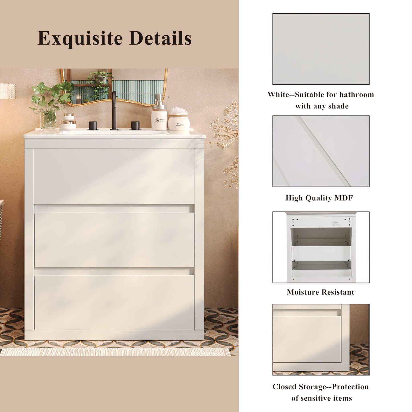 Christopher Knight Home Polla 30" Bathroom Vanity with Ceramic Sink, Wooden Bathroom Vanity Organizer, Soft Closing Door Bathroom Vanity Cabinet, Freestanding Pedestal Sink Storage Cabinet, White
