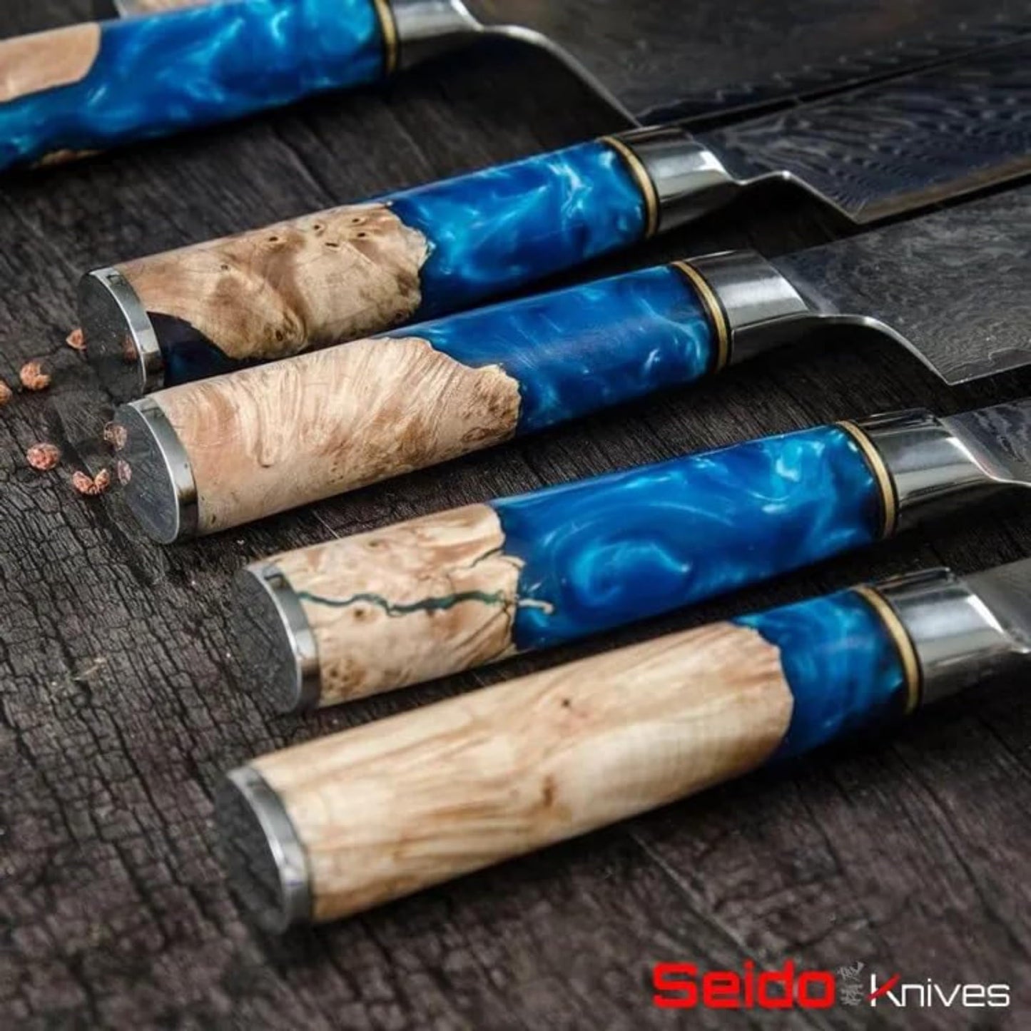 Seido Knives 7-Piece Executive Damascus Steel Knife Set with Japanese VG-10 Super Steel Core - Home Kitchen Knife Set - Professional Design Handle Blue Resin Epoxy and Strong Stabilized Wood