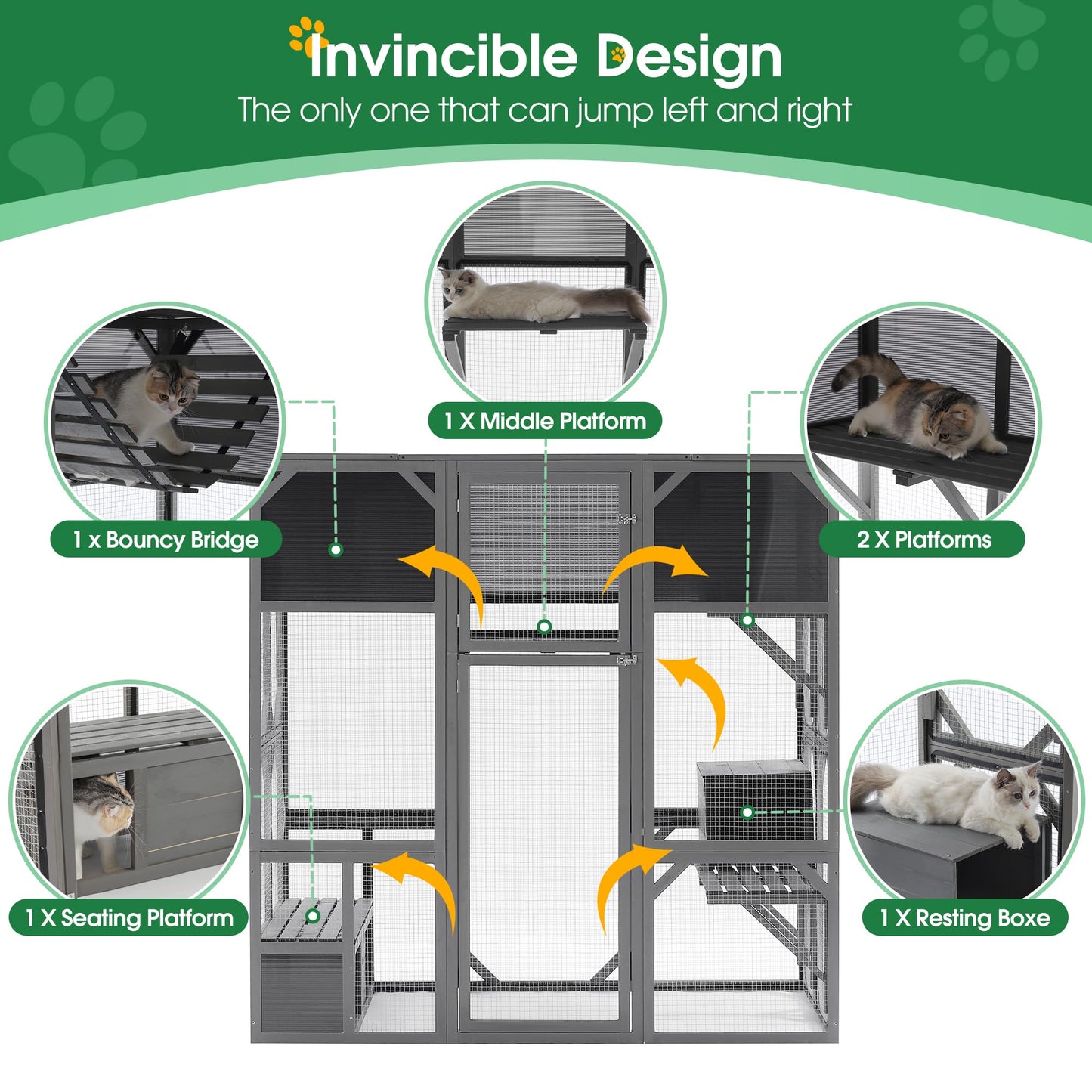 Ball & Cast Outdoor Wooden Cat House Catio Enclosure with Enter Door Kennel,Bouncy Bridge,Platforms and Small Houses,Waterproof,for Walk-in Kitty Kennel,Dark Grey