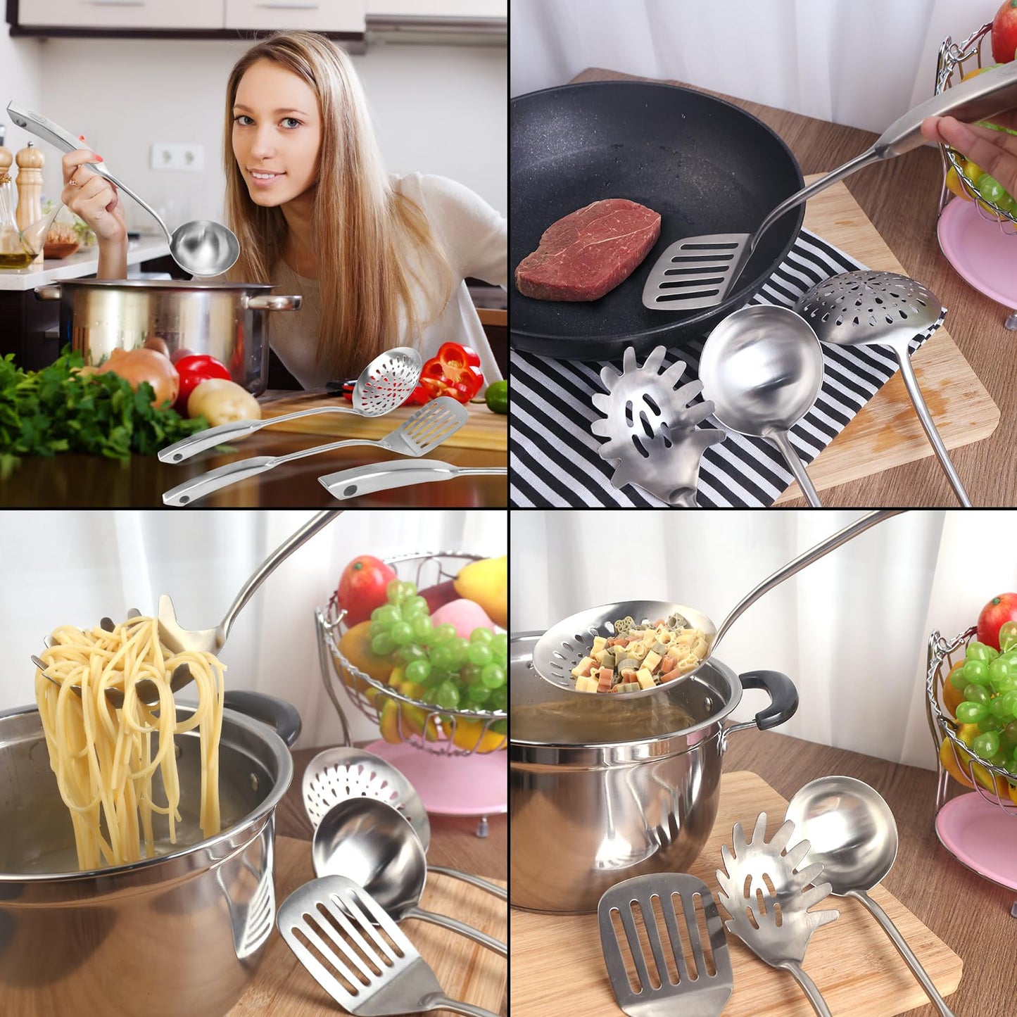 5 Pcs Newness Cooking Utensils Set, 304 Stainless Steel Kitchen Utensils Set, Metal Kitchen Accessories, Include Soup Ladle, Slotted Skimmer Spoon, Spaghetti Spoon and Spatula, Dishwasher Safe