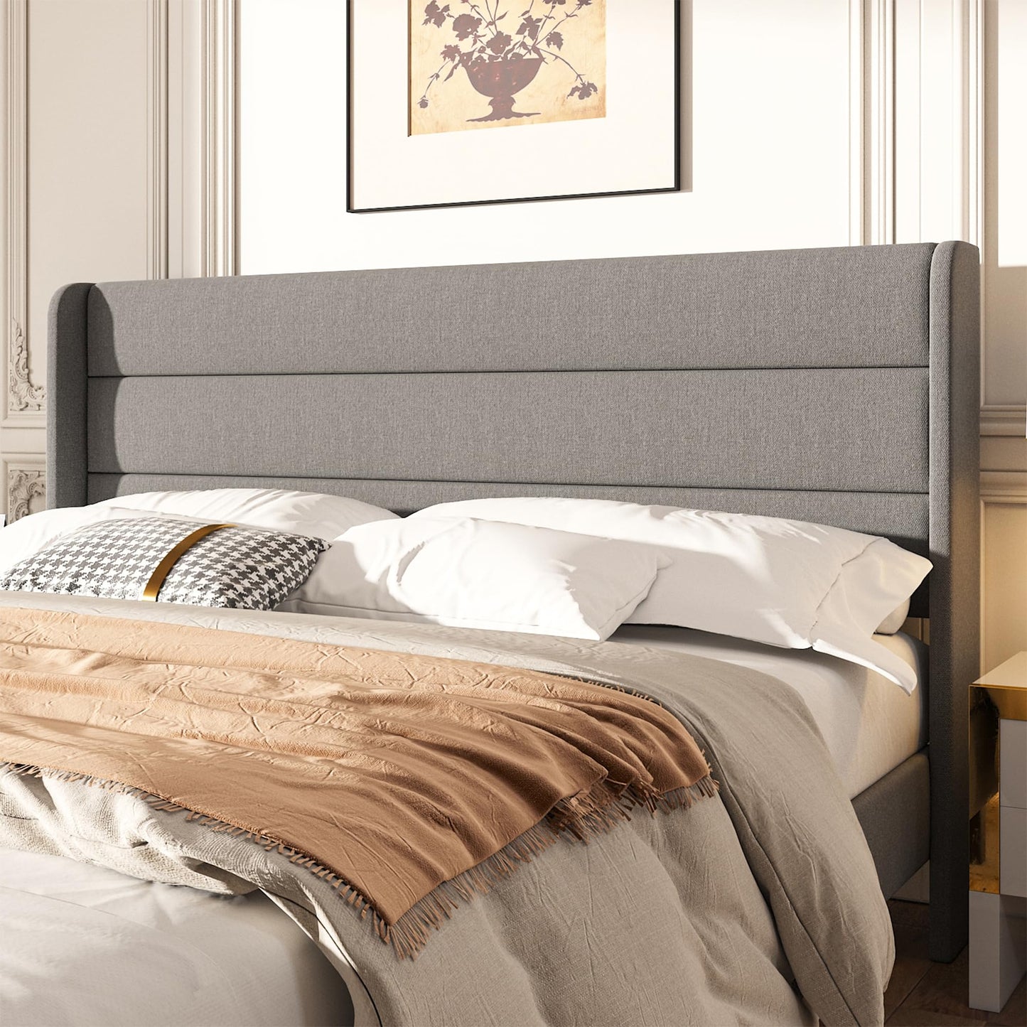Mxhtcewz Queen Size Upholstered Platform Bed Frame, Modern Linen Fabric Bed with Wingback Headboard, Sturdy No Wobble, Noise-Free & Easy Assembly, No Box Spring Needed, Gray