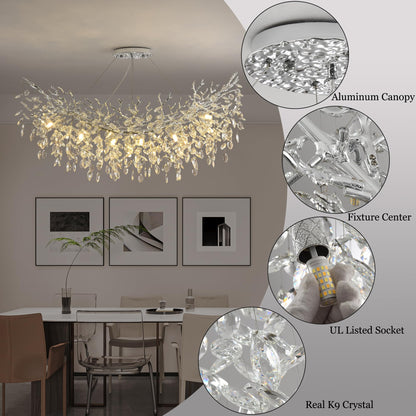 Upfelw Rectangle Crystal Tree Branch Chandelier, L47.3'' Mpdern Luxury Chrome Linear Art Deco Raindrop Pendant Lighting Fixture for Kitchen Island Foyer Living Room Dining Room 14 Lights