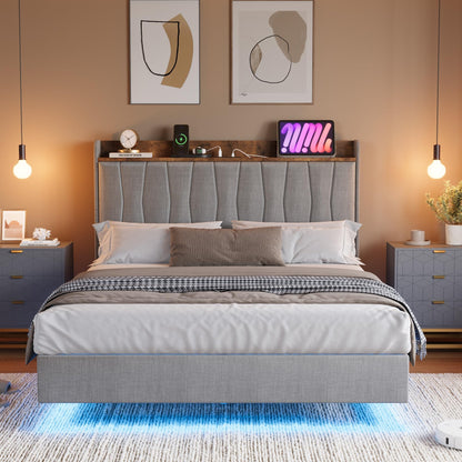 GarveeHome Floating Bed Frame Full with LED Lights & USB Charging Station – Modern Upholstered Platform Bed with Headboard, Solid Wood Slats Support, No Box Spring, Easy Assembly, Noise-Free, Grey