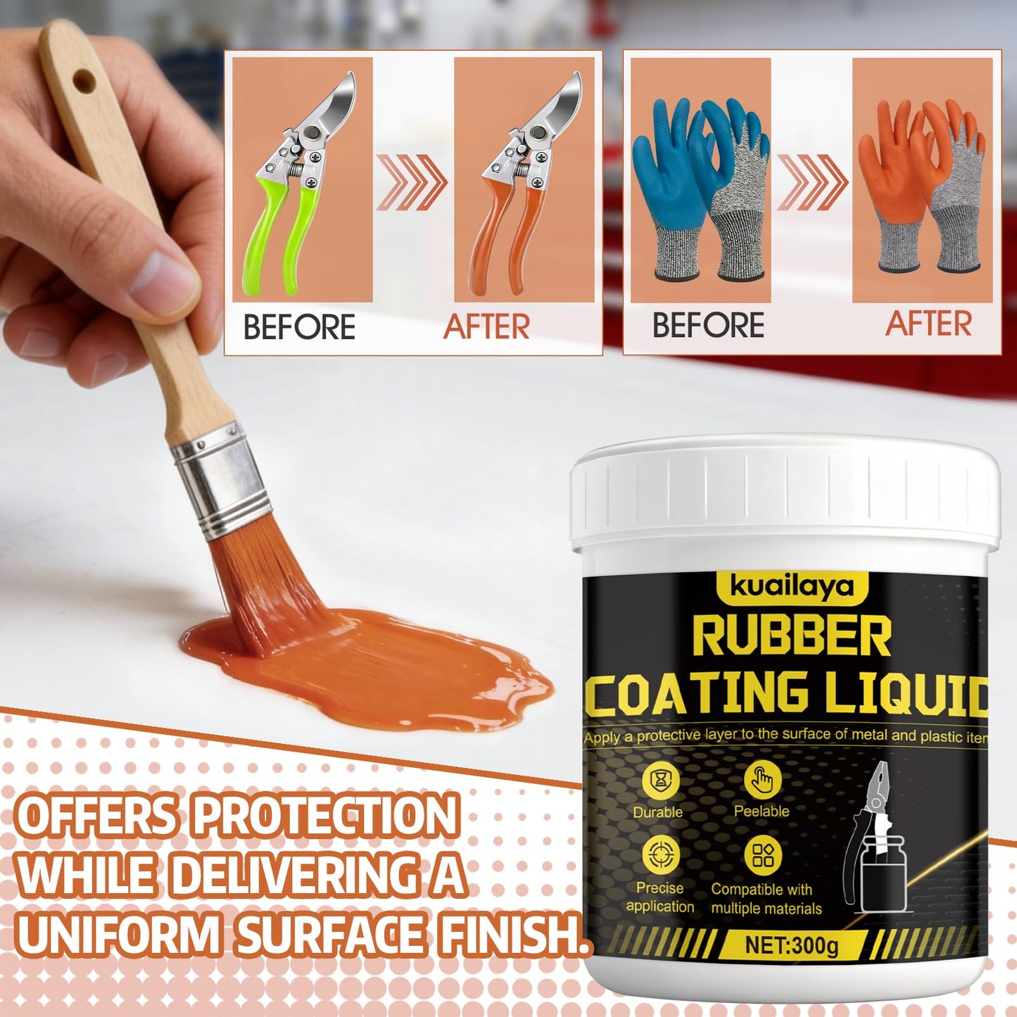 kuailaya Rubber Dip for Tools, Liquid Rubber Dip Tool Handle Dip Coating Effective Protection Slip Resistance Waterproof and Insulating Easy to Peel for Tool Protection, Creative DIY, Orange-red 300g