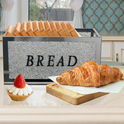 HMRCYTE Large Crystal Glass Bread Container Box with Lid, 12.2" L x 6.3" W x 7.9" H Silver Homemade Bread Storage, Crushed Diamond Home Decor, Keep Bread Fresh Clean, Bread Bin for Kitchen Countertop