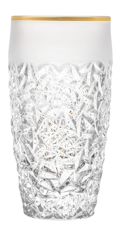 Barski - European Quality Glass - Crystal - Set of 6 - Highball - Hiball Tumblers - 16 oz. - Raindrop Design with Frosted Border and Gold Rim on Tumbler - Glasses are Made in Europe