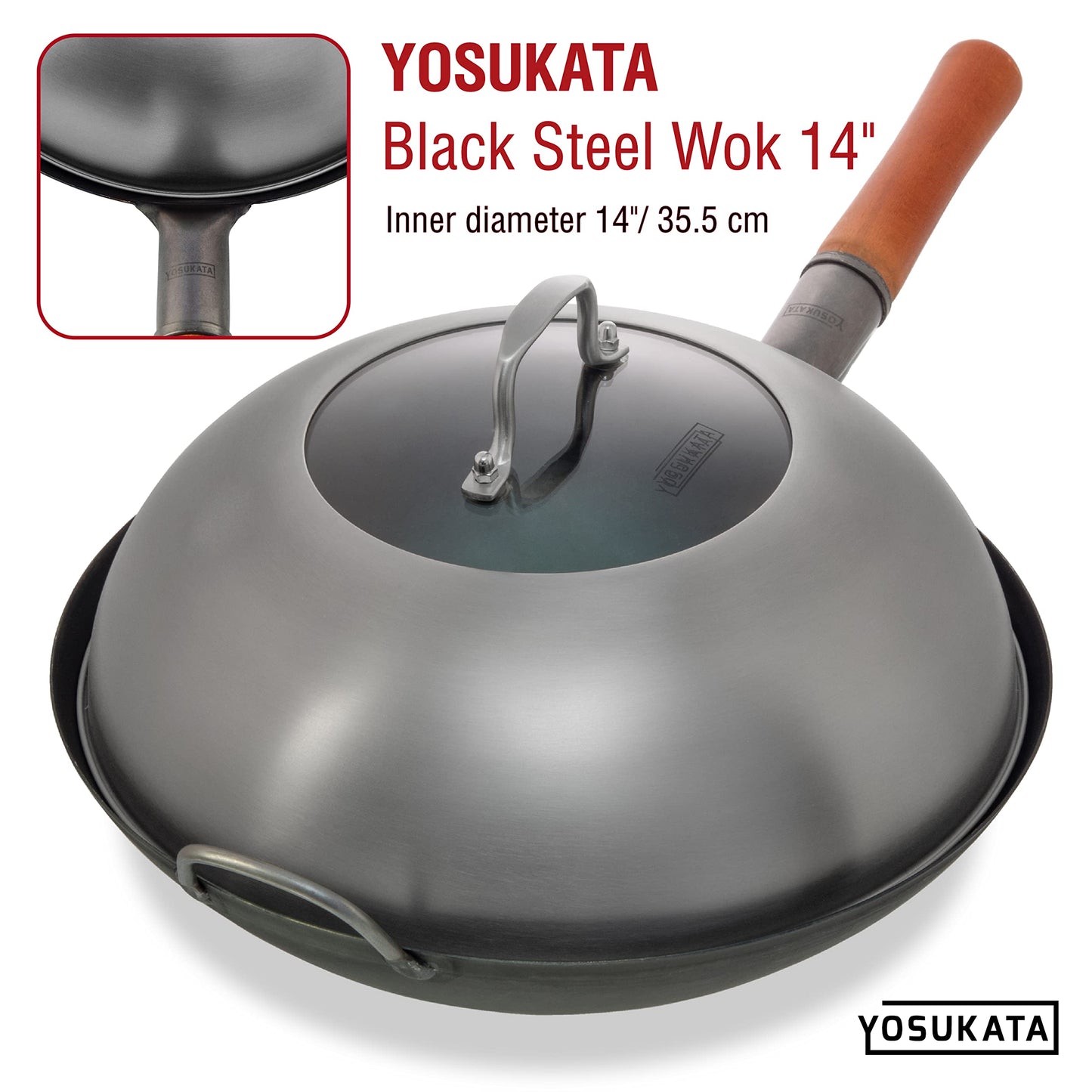 YOSUKATA Wok Lid 13.6 Inch - Premium Stainless Cover with Tempered Glass Insert Steam Holes - Dishwasher-Safe Lid for 14-Inch Wok - Chees Melting Dome for Griddle