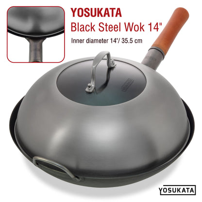 YOSUKATA Wok Lid 13.6 Inch - Premium Stainless Cover with Tempered Glass Insert Steam Holes - Dishwasher-Safe Lid for 14-Inch Wok - Chees Melting Dome for Griddle