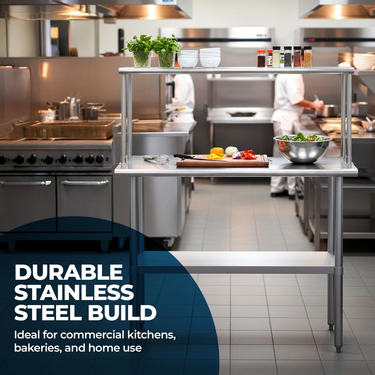 Express KitchQuip Stainless Steel Work Table with Wide Single Tier Overshelf | Metal Kitchen Prep Table & Shelving Combo (24" x 60" Work Table + 12" Overshelf)