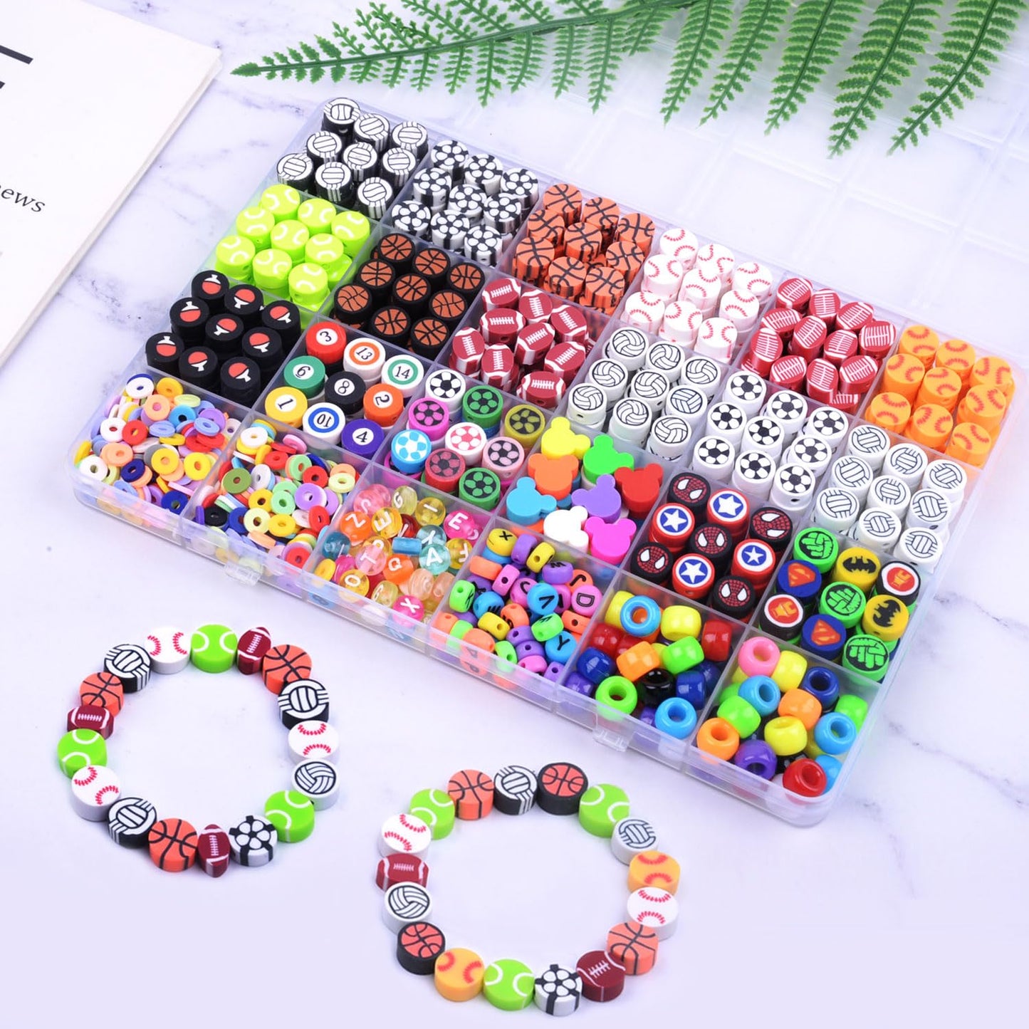 1000PCS Polymer Clay Beads Bracelet Making kit, 24 Style Cute Fun Beads Sports Ball Volleyball Softball Baseball Basketball Soccer Rugby Football Charms for Jewelry Making DIY for Women Girls