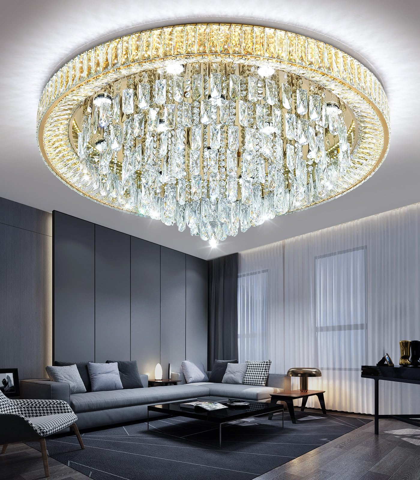 dolria Modern Crystal Large Chandeliers LED Dimmable Flush Mount Ceiling Chandeliers for Living Room High Ceiling Entrance Foyer Bedroom