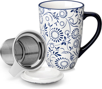 18 oz vancasso SELENE Porcelain Tea Mug, Porcelain Tea Cup with Infuser and Lid Steeps Loose Leaf Tea, Microwave