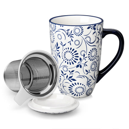 vancasso SELENE Porcelain Tea Mug, 18 oz Porcelain Tea Cup with Infuser and Lid Steeps Loose Leaf Tea, Microwave & Dishwasher Safe, Floral Bloom