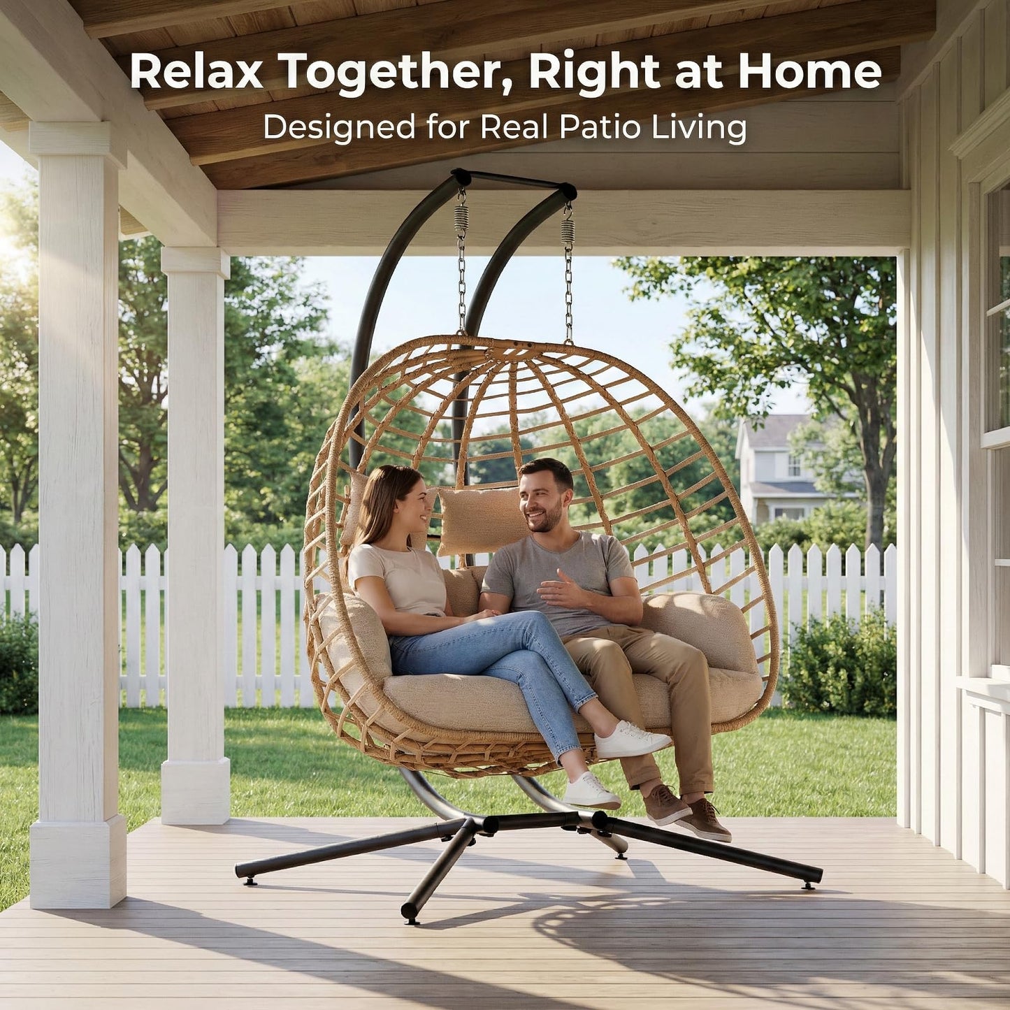 SWITTE Double Hanging Egg Chair with Stand, Outdoor Patio 2 Person Wicker Hammock Swing Chairs with Cushion Loveseat for Indoor Bedroom, Lawn, Garden-Beige
