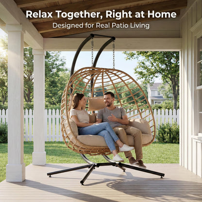 SWITTE Double Hanging Egg Chair with Stand, Outdoor Patio 2 Person Wicker Hammock Swing Chairs with Cushion Loveseat for Indoor Bedroom, Lawn, Garden-Beige