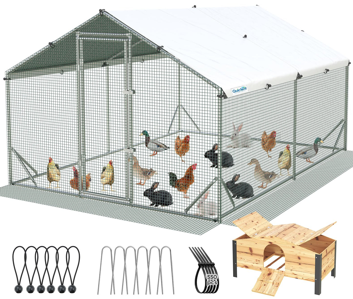 Quictent Large Metal Chicken Coop Run for 20+ Poultry with Beige Nest Box, Side Hardware Cloth & Cover, Advanced Series Outdoor Walk-in Cage Hen Duck Rabbit Dog Pen Yard Farm House, 12x9x6.6FT