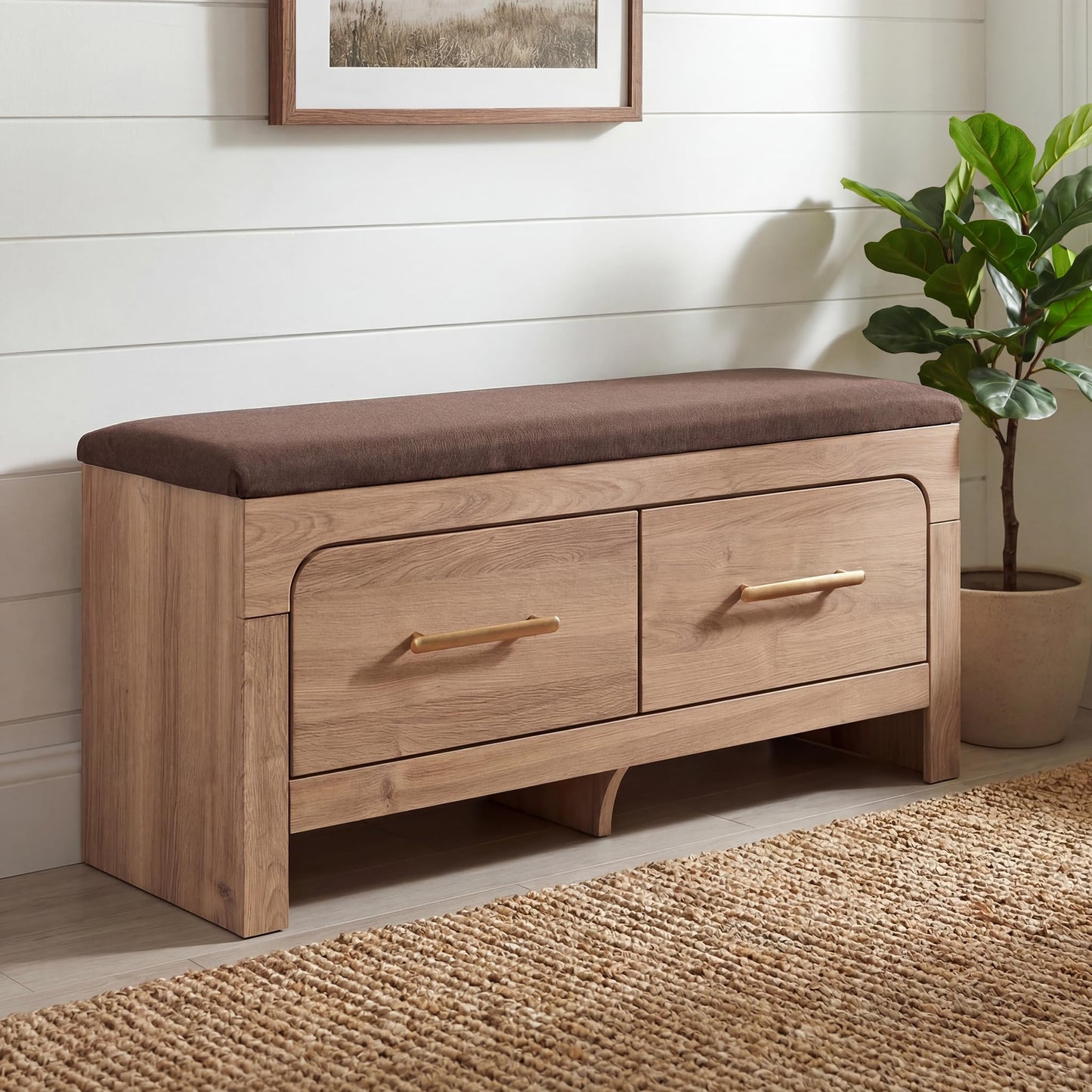 Signature Design By Ashley Hollymount Upholstered Bedroom Storage Bench, Two Drawers, Bronze Hardware, Wood/Fabric, 43.62" W x 15.75" D x 20" H, Tan/Brown
