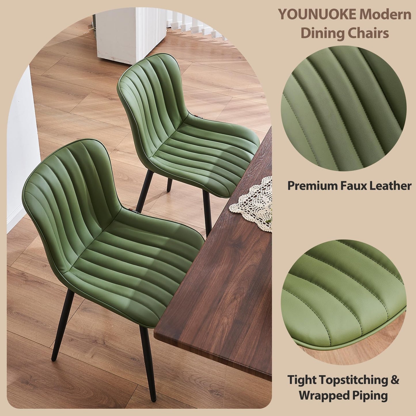 YOUNUOKE Mid-Century Modern Dining Chairs Set of 2, Olive Green Faux Leather Upholstered Accent Chairs with Black Metal Legs, Armless Side Chair for Dining Room, Guest Reception Room