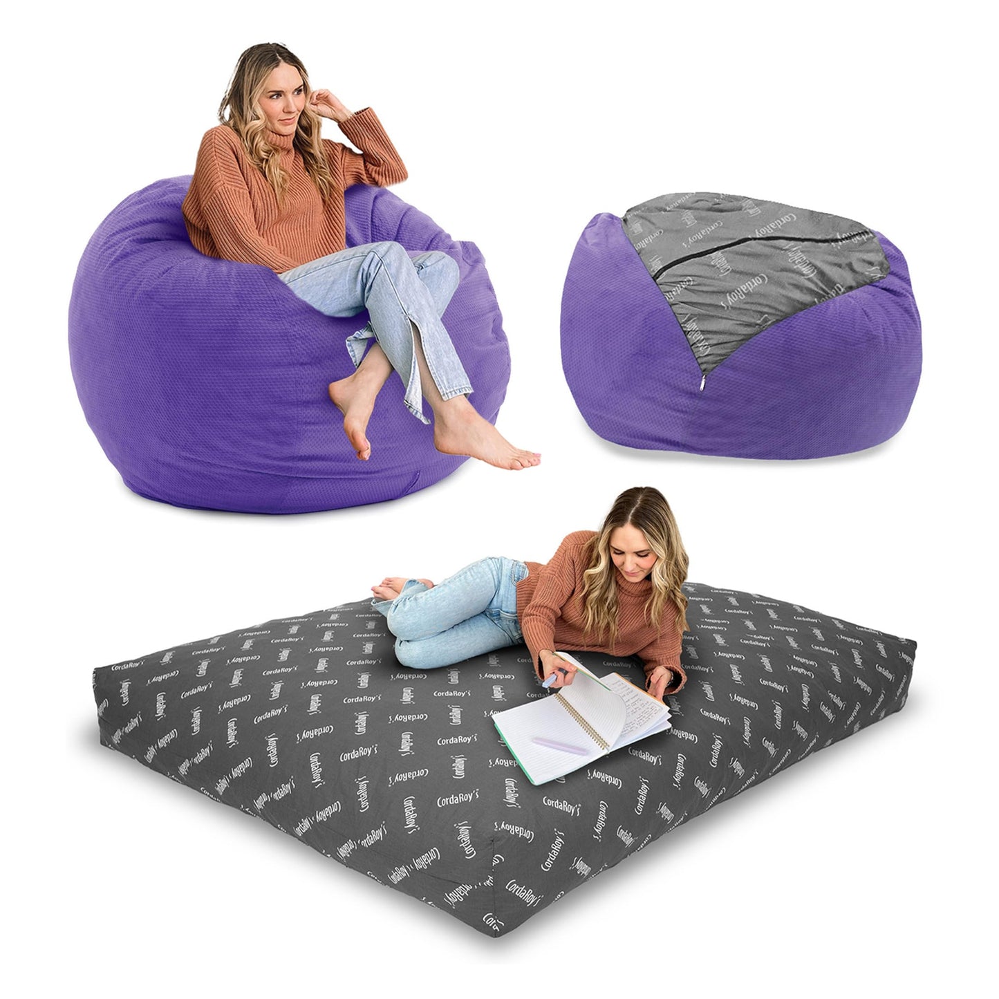 CordaRoy's Chenille Bean Bag Chair, Convertible Chair Folds from Bean Bag to Lounger, As Seen on Shark Tank, Very Peri Purple - Queen Size