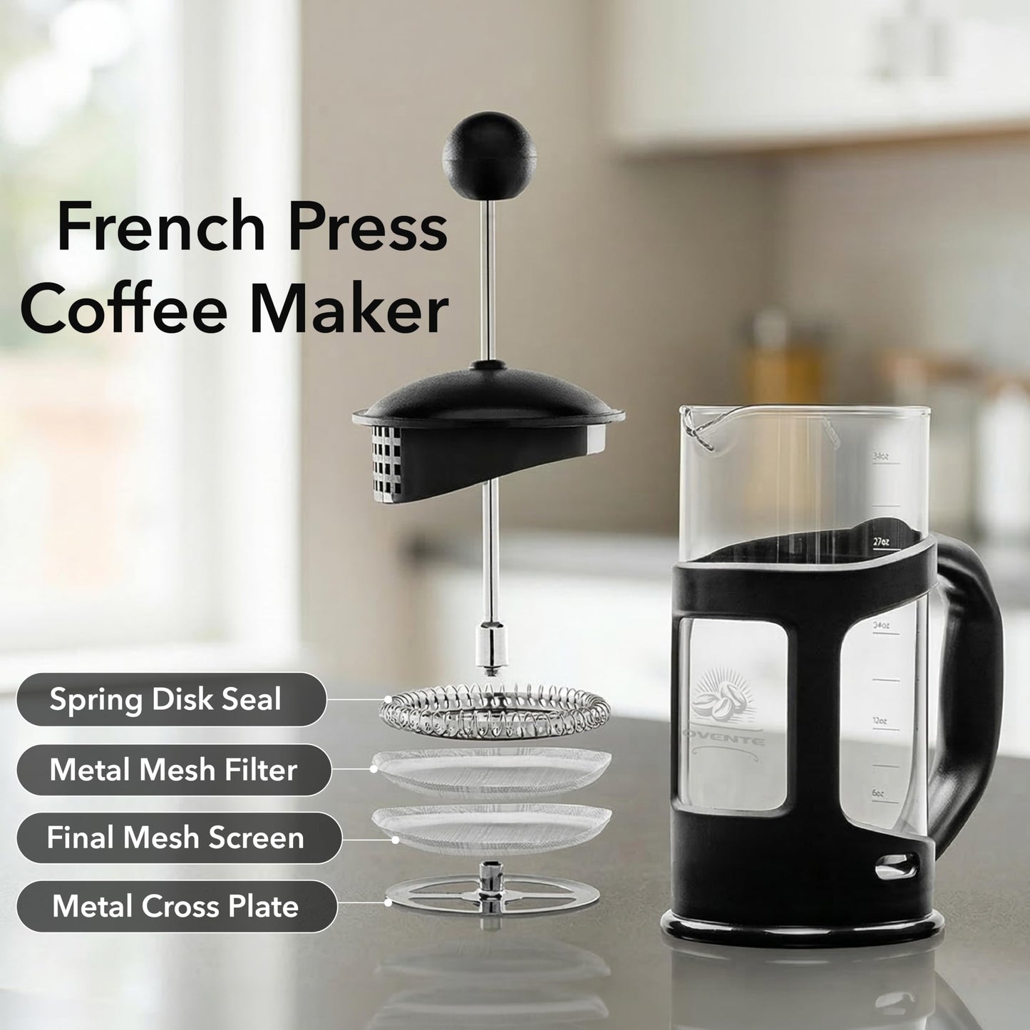 OVENTE French Press Coffee Maker 34 Ounce with Heat Resistant Borosilicate Glass & Stainless Steel 4-Level Filtration System, Portable Cold Brew Coffee Maker for Travel, Camping or Gift, Black FPT34B