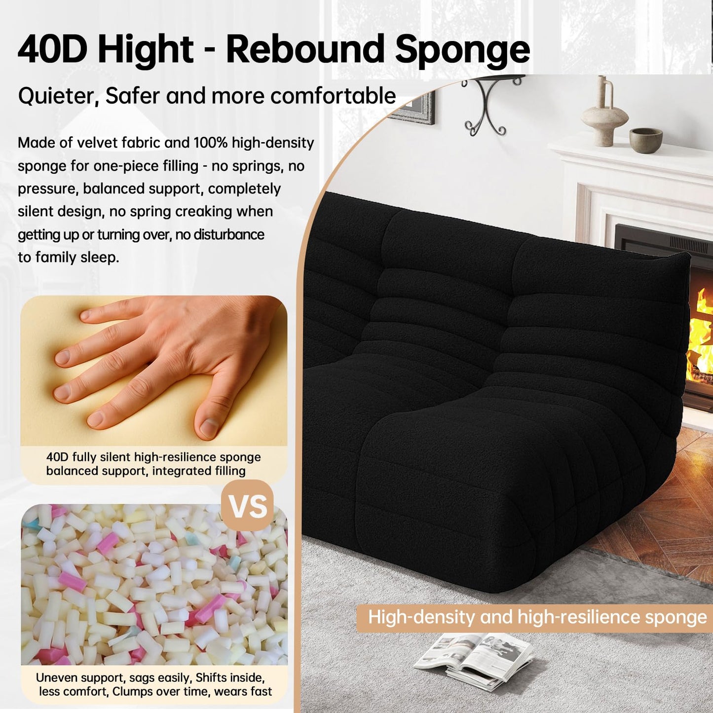 Bean Bag Chairs for Adults, Memory Foam Couch Loveseat Sofa Chair, Soft Teddy Material Cozy Comfy Reading Nook Chairs, Floor Chair for Living Room Bedroom Office(Black)