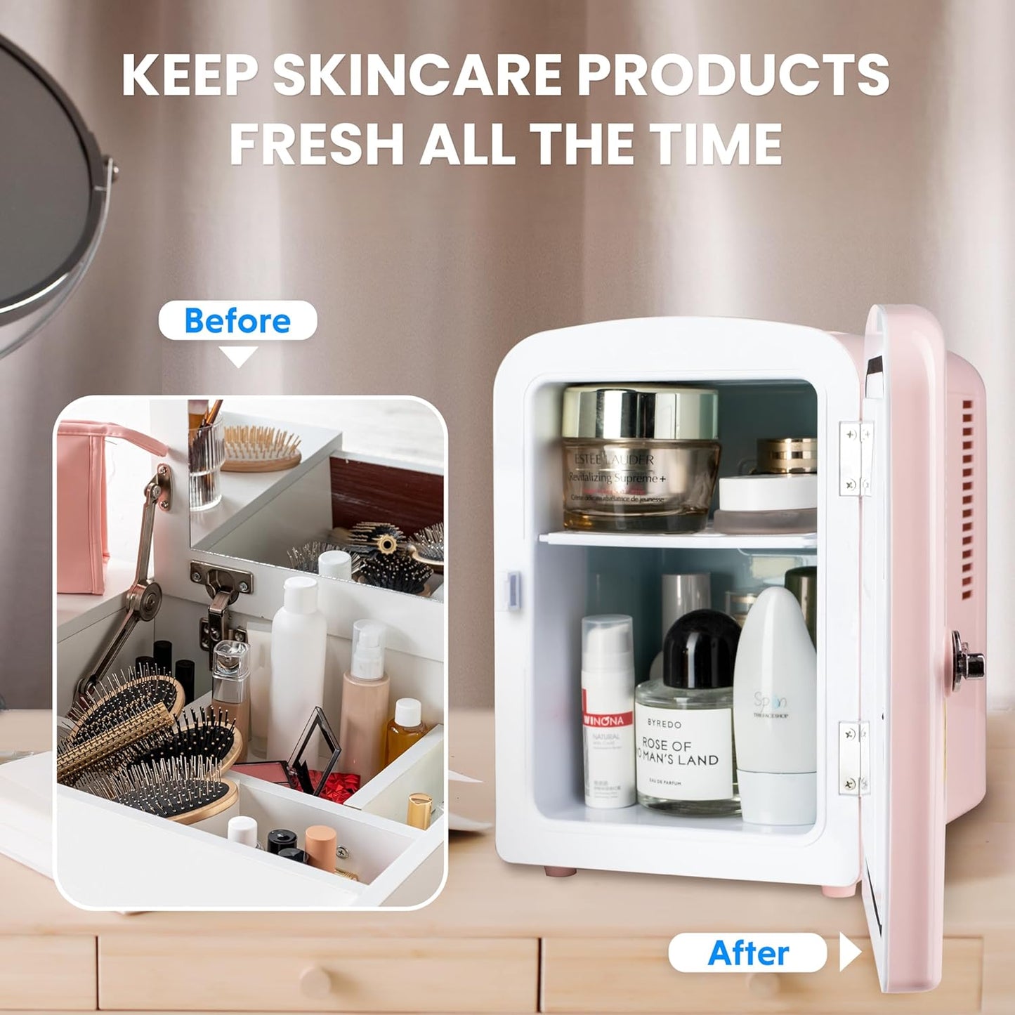 HealSmart 4 Liter Portable Mini Fridge - 6 Can Cooler and Warmer with Observation Window, Eco Friendly, Pink