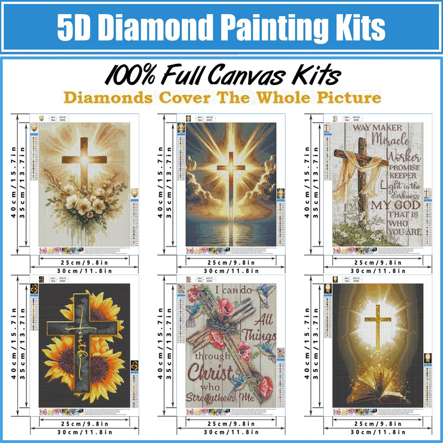 6 Pack Cross Diamond Art Kits for Adults - Inspirational 5D Diamond Painting Kits for Adults Beginners, Jesus Christ DIY Full Drill Round Rhinestone Gem Art Crafts Paintings for Home Wall Decor 12x16