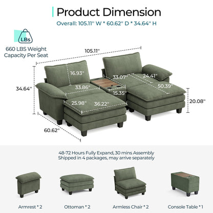 LINSY HOME Modular Sectional Sofa for Living Room, Corduroy Cloud Couch with Storage Console, USB Charging, Cup Holders, Comfy Modern Modular Cloud Couches with Movable Ottoman (Green)