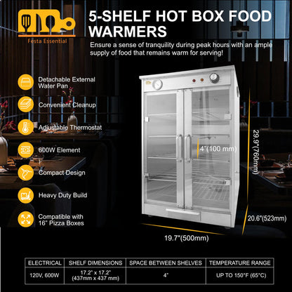 5-Shelf Electric Hot Box Food Warmer, Fits up to (10) 16" Pizza Boxes, Countertop Heated Holding Cabinet for Pretzels, Warming Machine for Home and Commercial Use, w/Water Drawer, 120V 600W