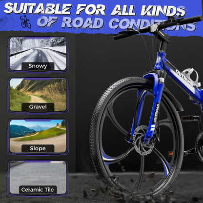 MarKnig 26 Inch Adult Folding Bikes/Mountain Bikes, 21 Speeds Mountain Bicycles with Full Suspension, Dual Disc Brake, High Carbon Steel Frame, Foldable Bike for Men/Women/Teen, Blue