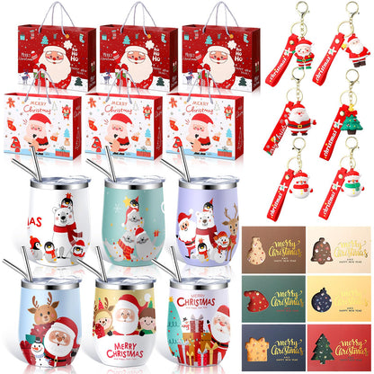 Skylety 24 Pcs Christmas Gifts Bulk for Coworker Employee Women Men 6 Sets with 12oz Christmas Wine Tumblers Keychains Greeting Cards and Gift Bags for Xmas New Year Party Favors(Classic)