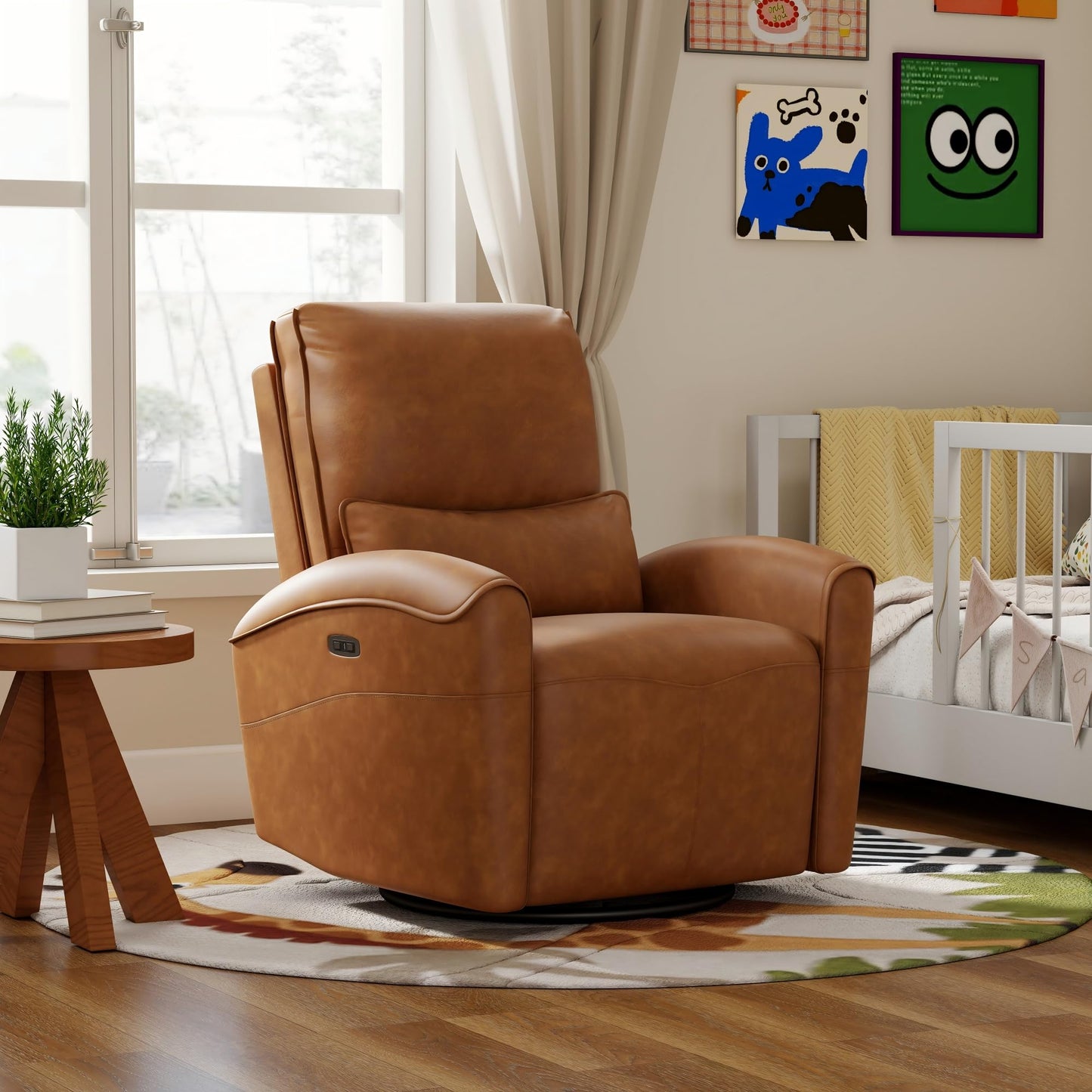 Bonzy Home Power Swivel Rocker Recliner Chair with USB Port, 23.2" Wide Seat, Fixed Lumbar Support, Upholstered Glider Chair for Nursery Living Room, Brown