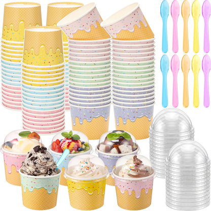 Jingmore 60 Set 4oz Ice Cream Paper Cups with Lids and Spoons, Disposable Sundae Bowls, Dessert Cups for Birthday Party Supplies, Ice Cream Bowls Bulk for Yogurt, Snacks