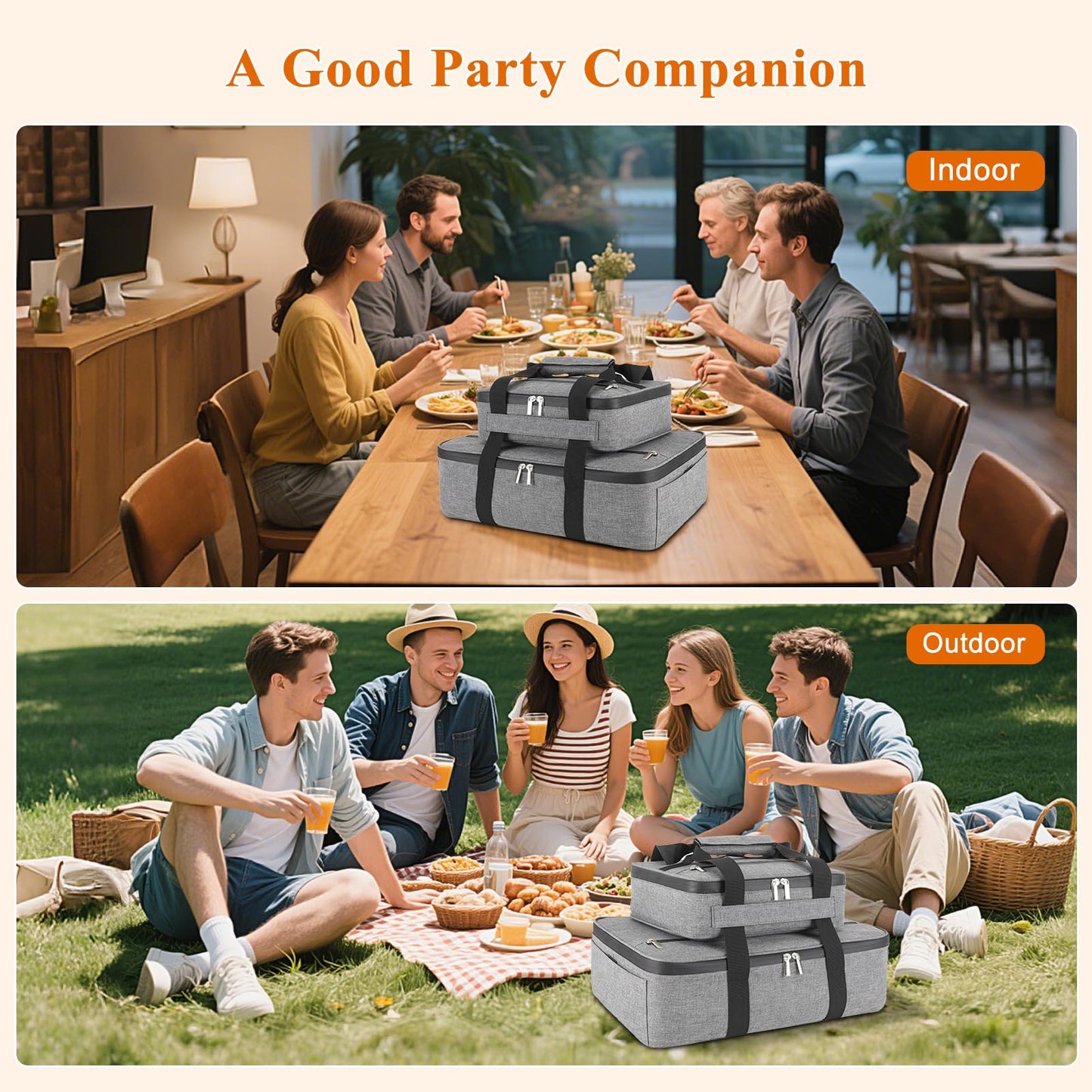 Wakaye Insulated Casserole Carrier for Hot or Cold Food, Fits 8"-15" Baking Dish，Thermal Food Carrier Bag, Lasagna Lugger Tote for Potluck Parties/Picnic/Cookouts/Lunch, Grey，2 Pack