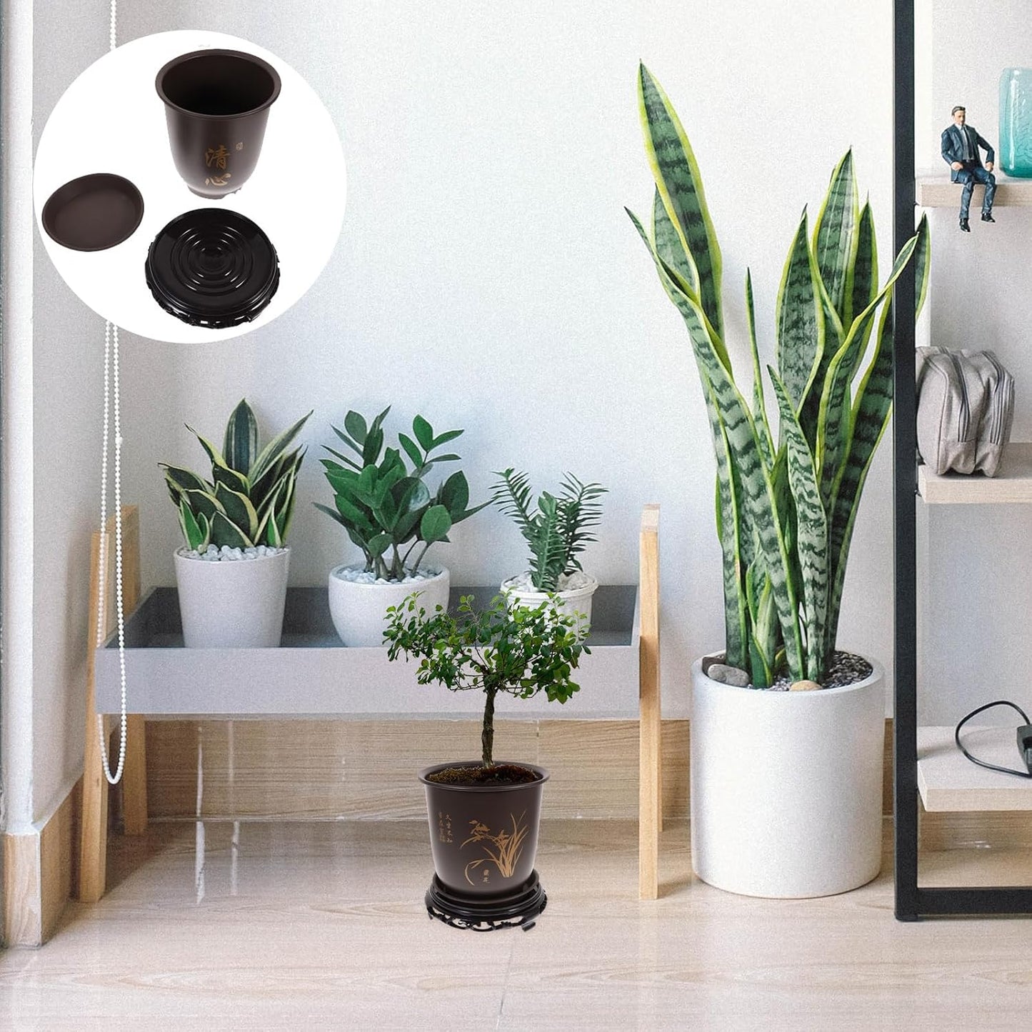 26x20cm GANAZONO Plastic Vintage Chinese Style Planter Flowerpot with Display Stand Succulent Pots Cactus Bonsai