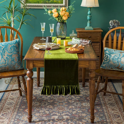 120 Inches Green,14x120 Inch Velvet Table Runner Soft Decorative Luxurious Solid Long Tablecloth with Retro Ruffle