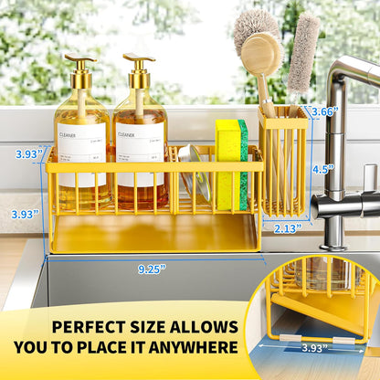 304 Countertop Cisily Lemon Yellow Sink Caddy Organzier with High Brush Holder, Sponge Holder for Sink, Rustproof