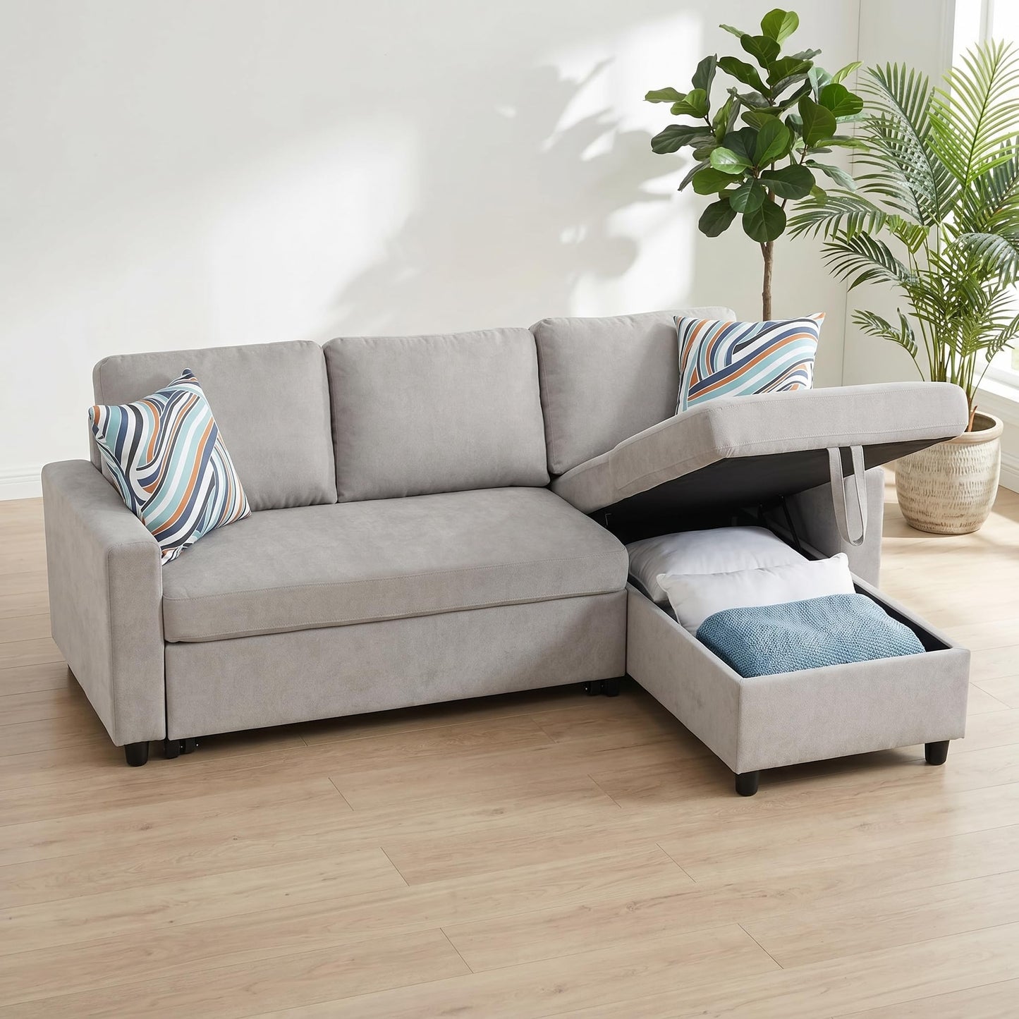 Trygoal Pull Out Couch, L Shaped Sectional Couch with Pull Out Bed, Convertible Sofa Bed with Storage Chaise, Queen Size Sleeper Sofa, Sofa Bed Couch, Sleeper Sofa with Storage, Gray