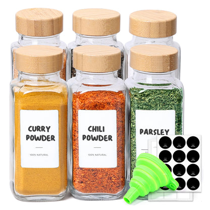 ComSaf 8 oz 6Pcs Glass Spice Jars with Label, Empty Spice Containers with Bamboo Lids, Square Seasoning Containers Trial and Supplement Set, Small Seasoning Bottles for Salt, Herbs, Sugar, Pepper