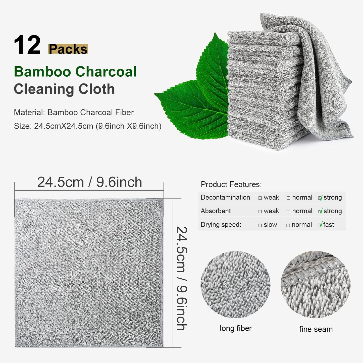 HAOBAOBEI Kitchen Cloth Dish Towels (12 Pack), Premium Dishcloths, Super Absorbent Microfiber Cleaning Cloth, Nonstick Oil Washable Fast Drying Dish Rags for Washing Dishes (Grey)