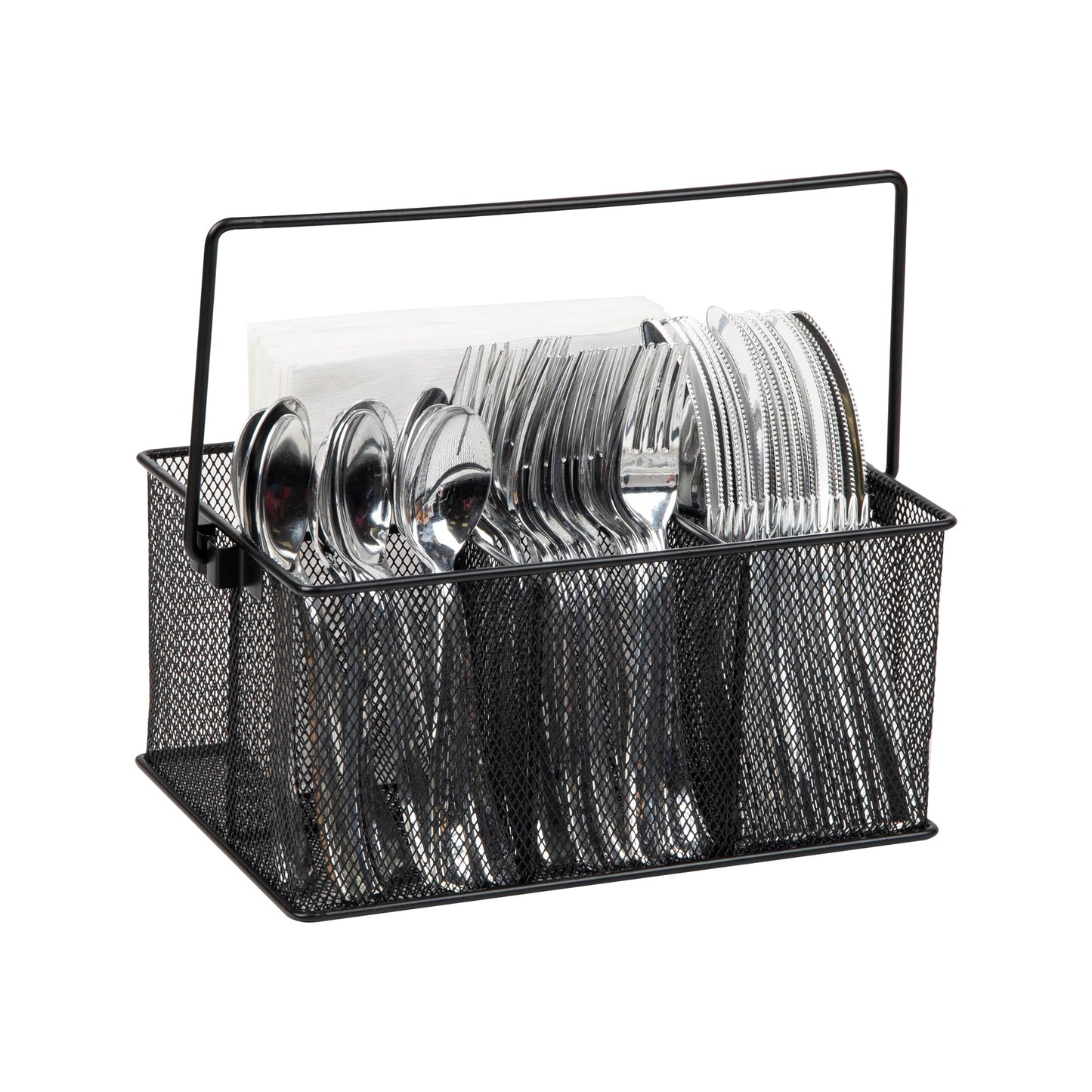 Mind Reader Multi-purpose Storage Caddy with Handle, Desktop Organizer, Cutlery Holder, 4 Compartments, Metal Mesh, Black