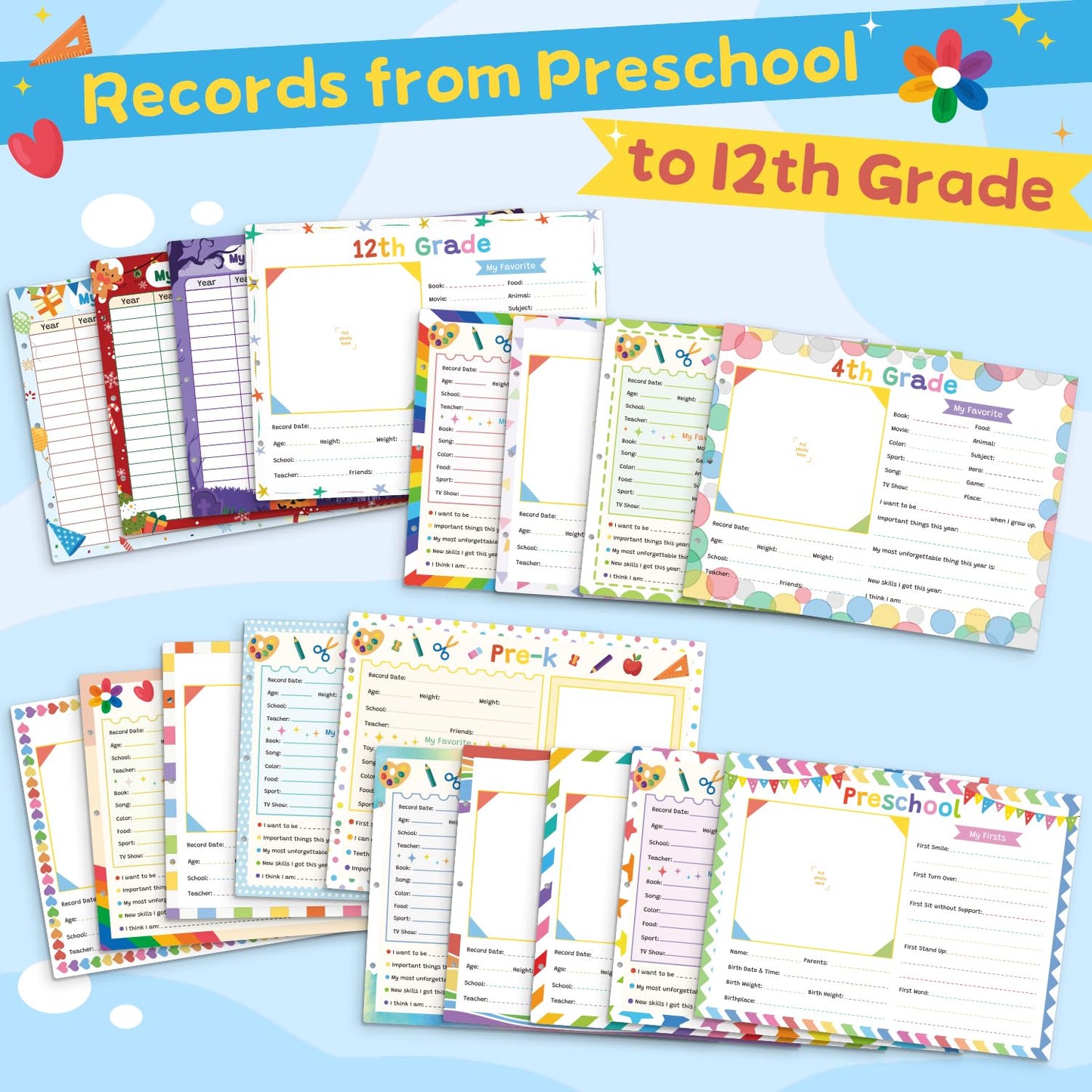 Scrapbooking Albums for Kids School Years Memory Book, Preschool to 12th Grade, 17 Pocket Pages for Photos & Artwork, Includes Birthday/Christmas/Halloween Pages, Index Tabs & Ruler, Gift-Ready Box