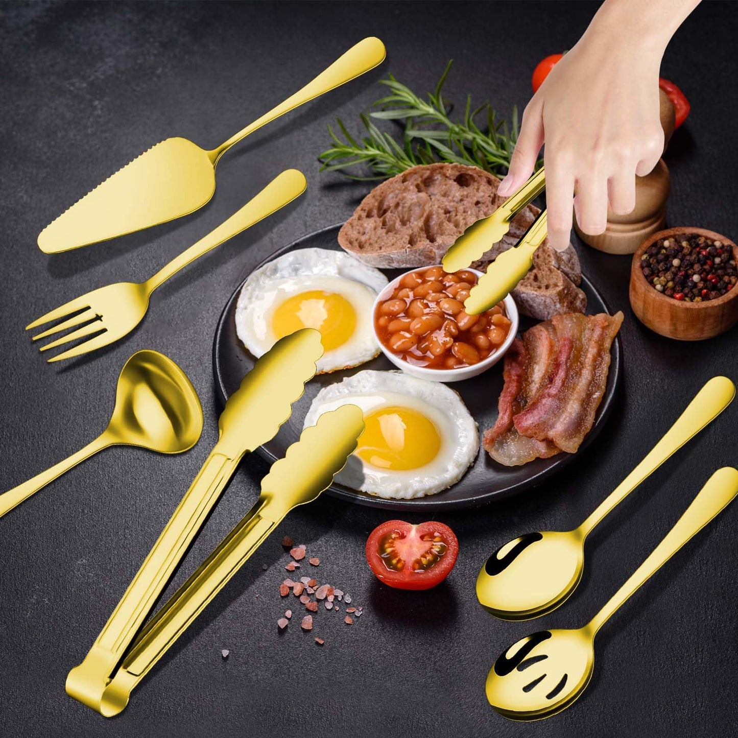 Gisly Gold 12 Pieces Serving Utensils Include Large Serving Spoons,Slotted Serving Spoons,Serving Forks,Serving Tongs,Appetizers Tongs,Soup Ladle and Pie Cake Server for Buffet Catering